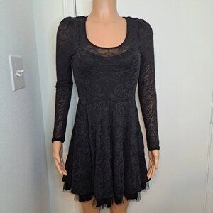 Free People Burnout Skater Dress Black Mesh Tulle Hem Fit And Flare Size XS